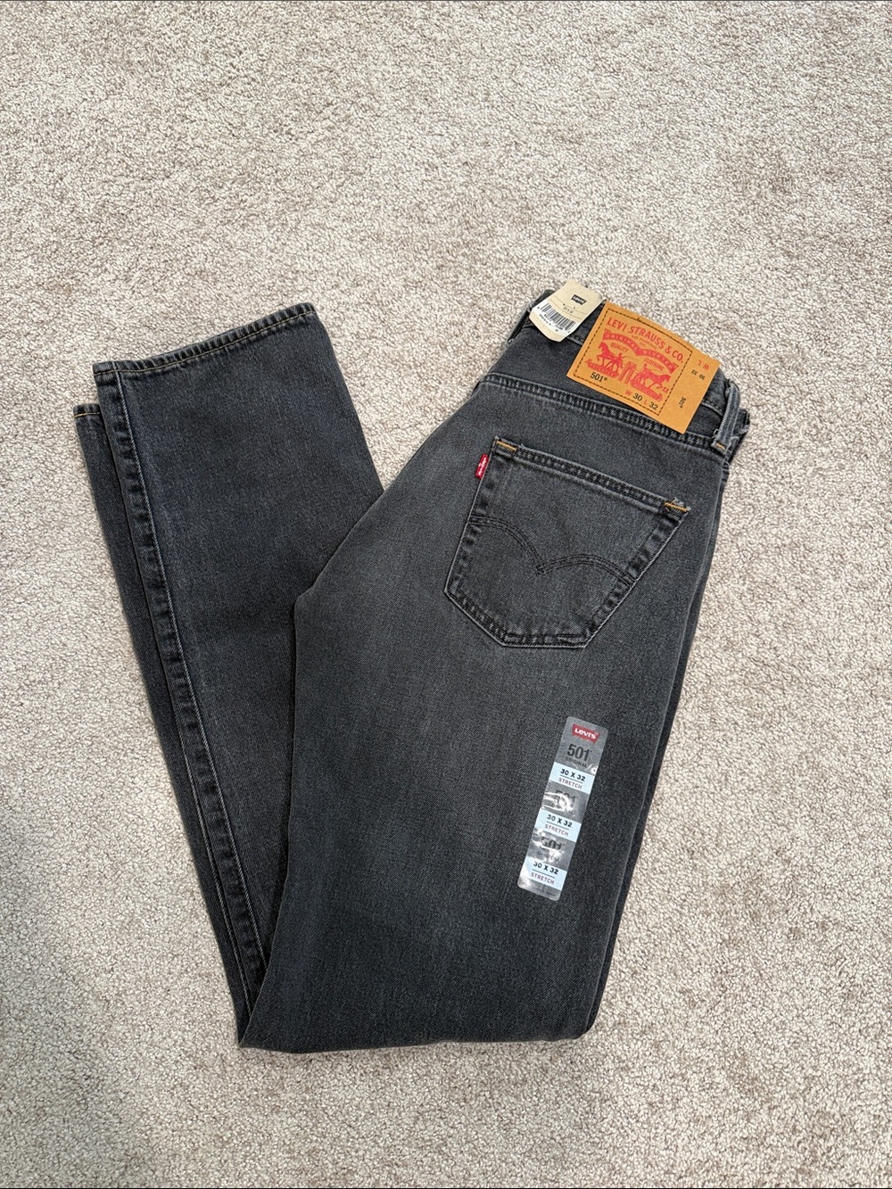 Men’s Size 30x32 Levi’s Stretch 501 Original Straight Leg Button Fly Jeans Gray